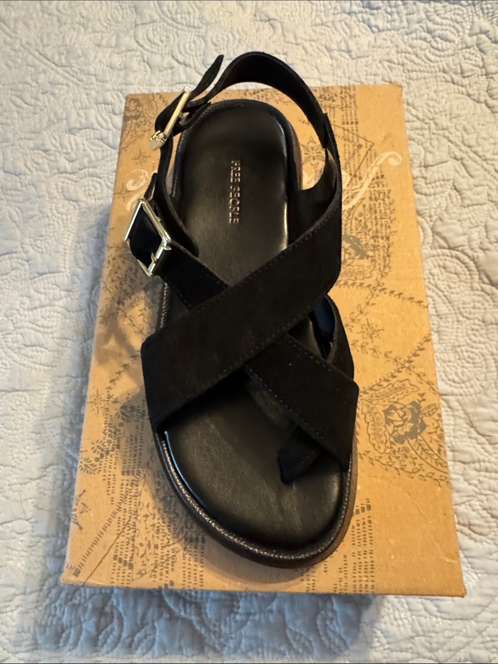 Free People Black Suede Crisscross Slingback Sandal with Gold Buckle - Picture 2 of 4